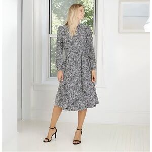 A New Day Faux Wrap Midi Dress Pockets Tie-Waist, Black & White Small